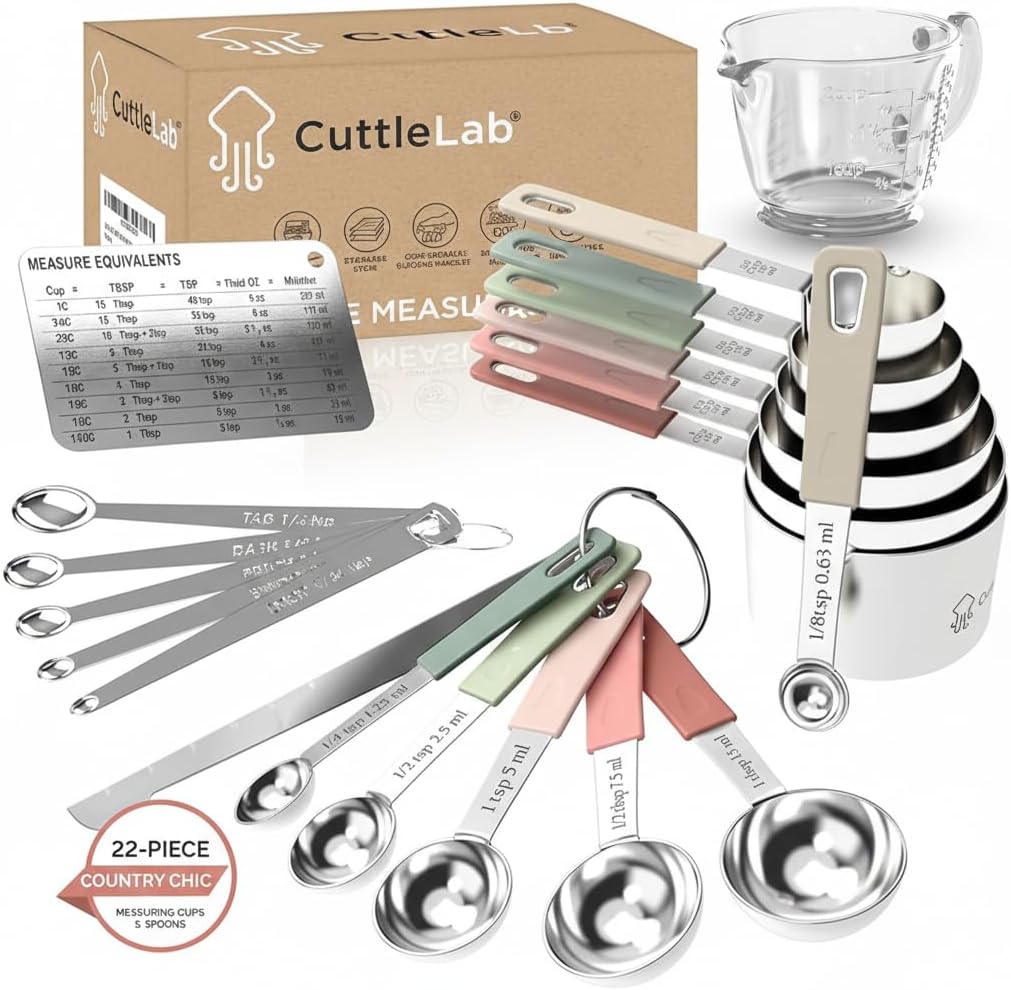 22-Piece Measuring Cups and Spoons Set with 2-Cup Glass Measuring Jug & Citrus Juicer - Nesting Set, Permanent Etched Measurements, Complete Kitchen Essentials Bundle