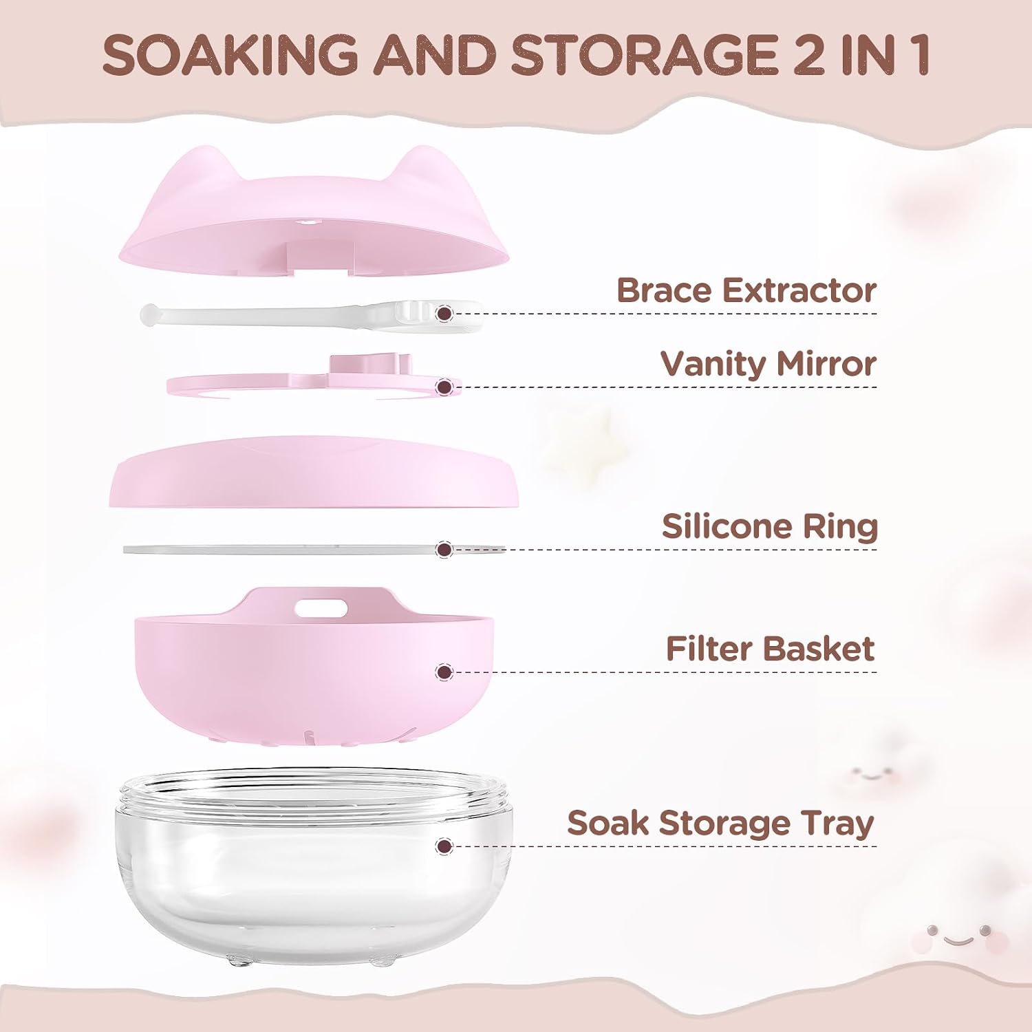Retainer Case Denture Bath Case Basket Mirror Leak-proof Pink Cat image 3