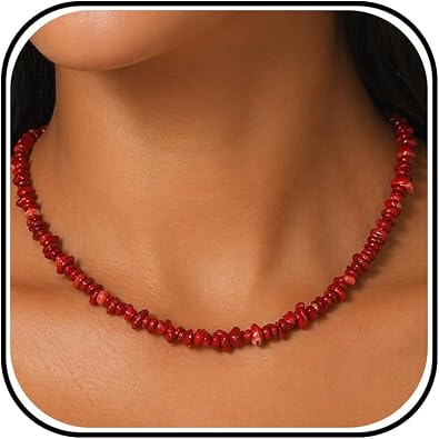 Red Beaded Necklace for Women Heart Pendant Stone Necklace Choker Necklaces Statement Western Boho Jewelry Summer Vacation Jewelry for Women Accessories Gifts