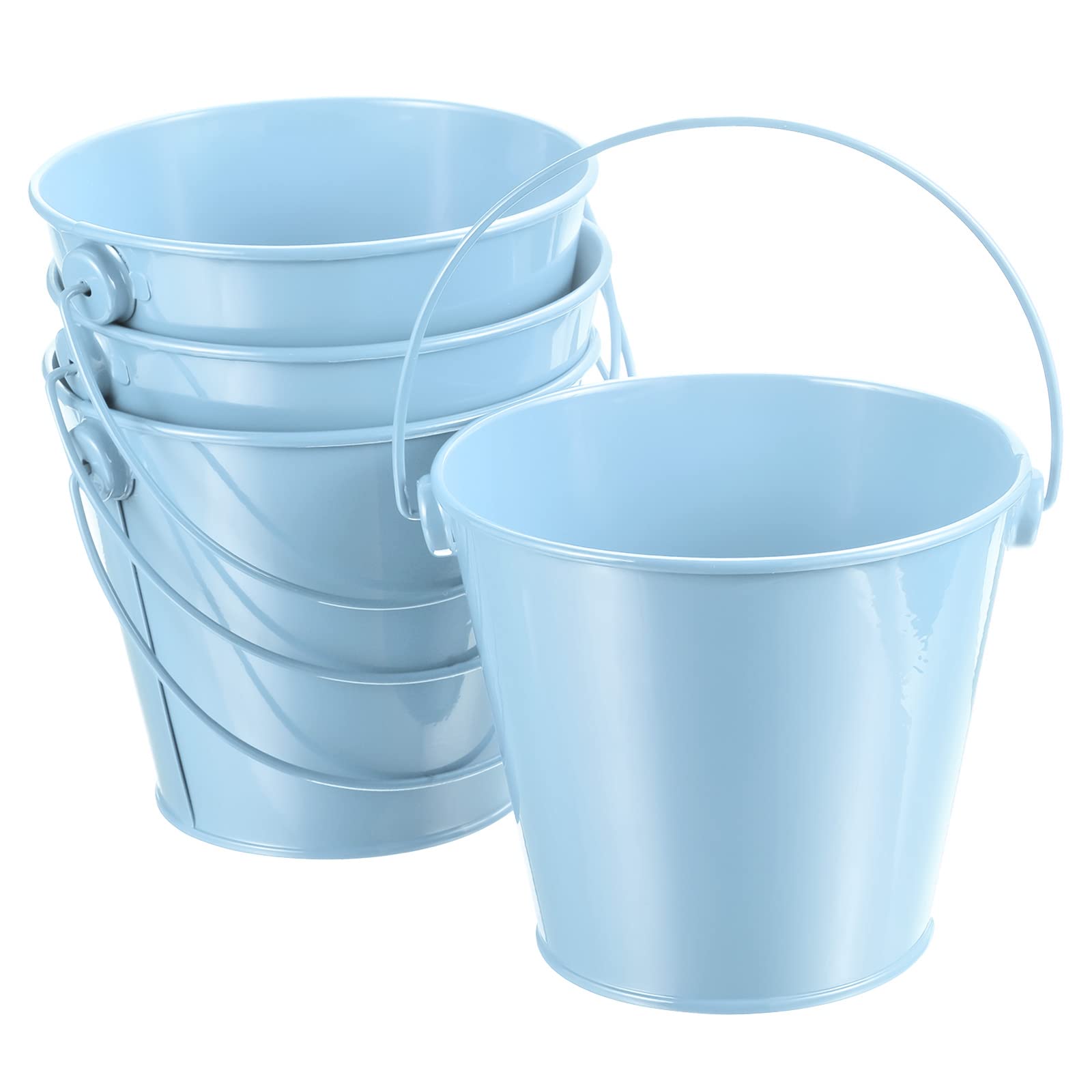 PATIKIL 4.7 Inch Colored Metal Buckets, 4 Pack Pencil Holder Buckets Round Metal Planter Pails Container with Handles for Classroom Crafts, Light Blue