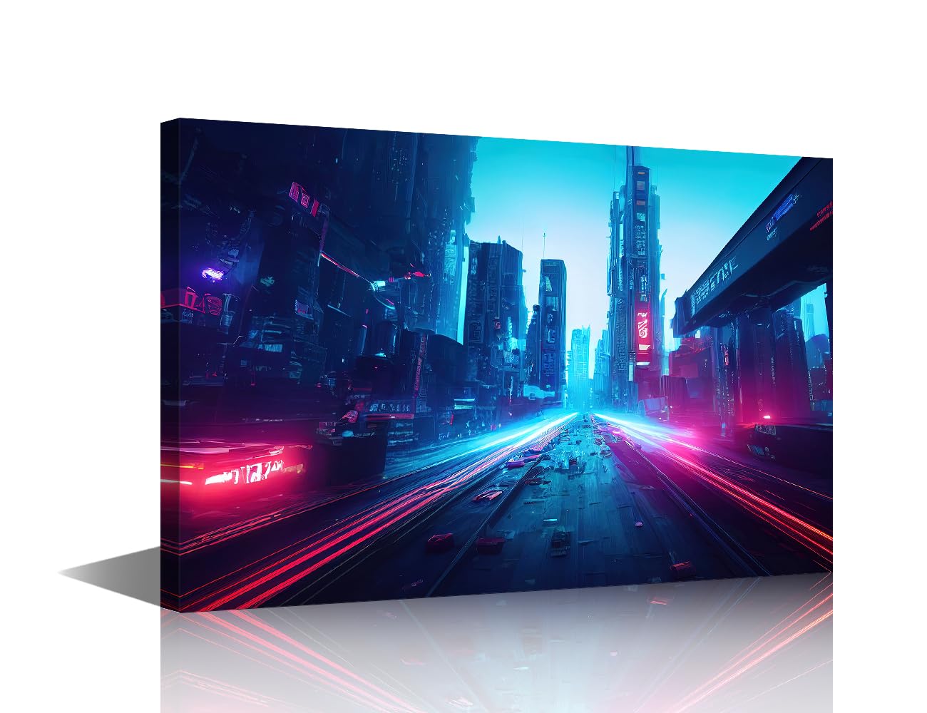 TISHIRON Cyberpunk Bar Decor Futuristic Cyberpunk City Paintings Blue and Pink Light Trail Skyscraper Highway Pictures 1 Piece Canvas Wall Art Bedroom House Decor Framed Ready to Hang 12x18 in