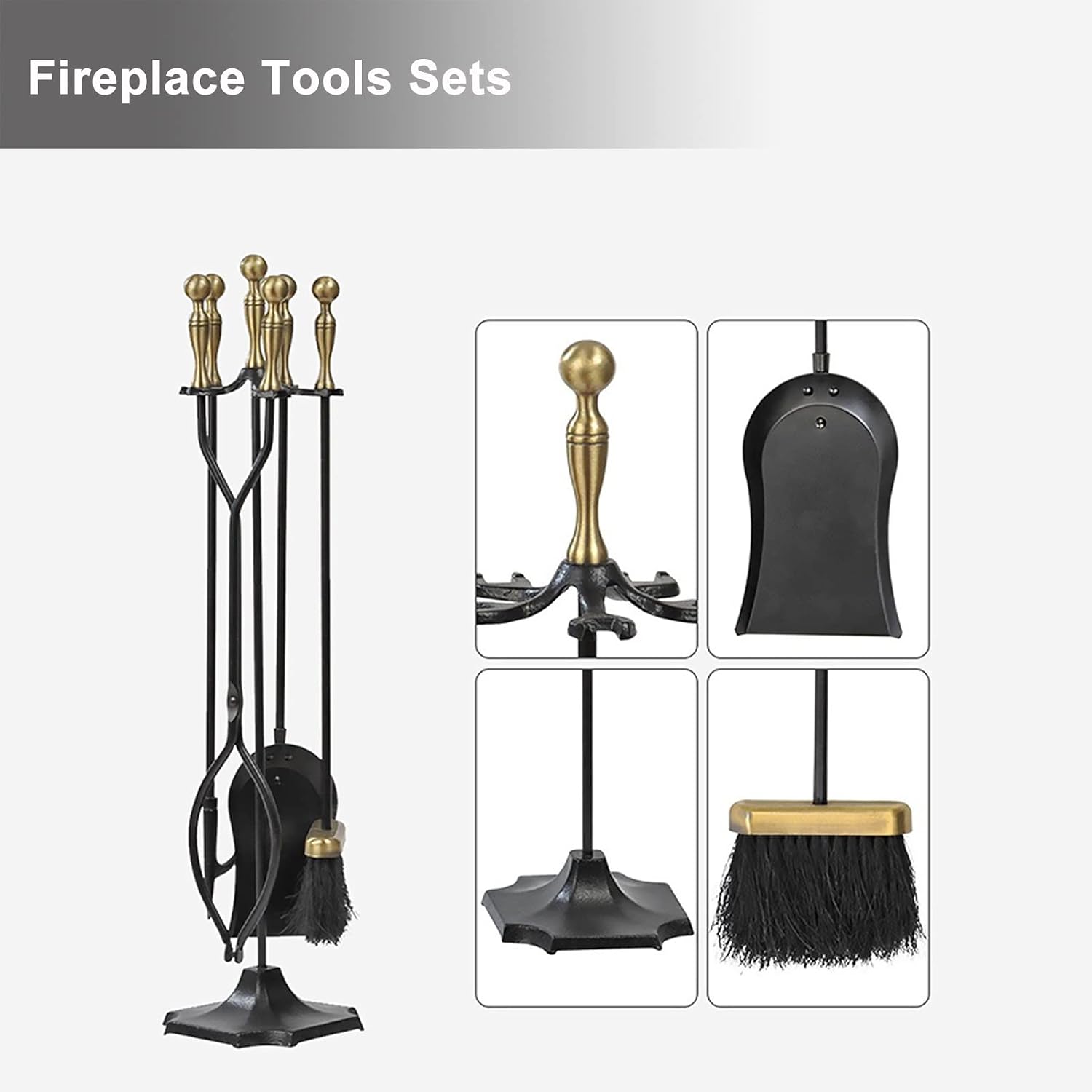 5-Piece Iron Fire Pit Stand with Fire Tongs, Shovel, and Poker, Gold Handle Fireplace Tool Set for Indoor and Outdoor Hearth Stoves