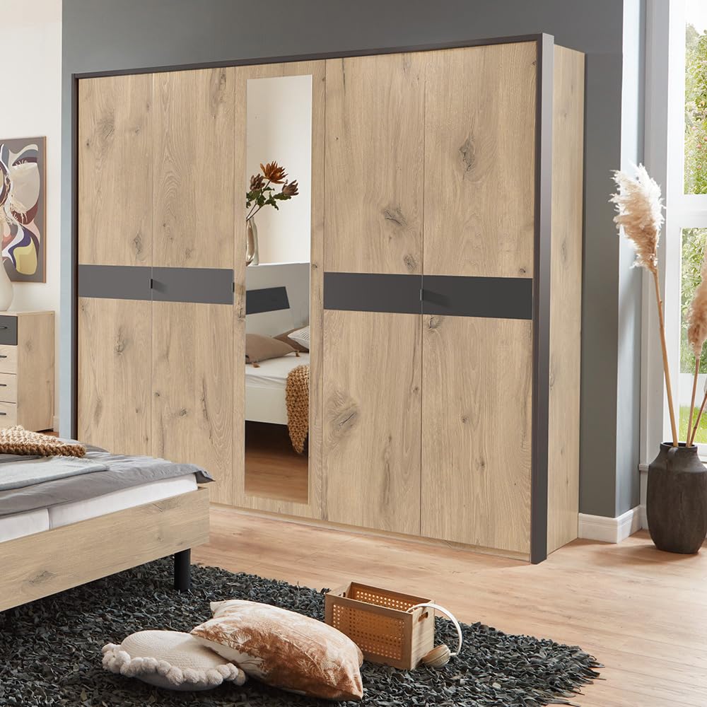 Lomadox Schlafzimmer Komplett Set 5-teilig, Bett 180x200 cm, 2X Nachtschrank, 1 Kleiderschrank, 1 Kommode in Eiche mit Graphit