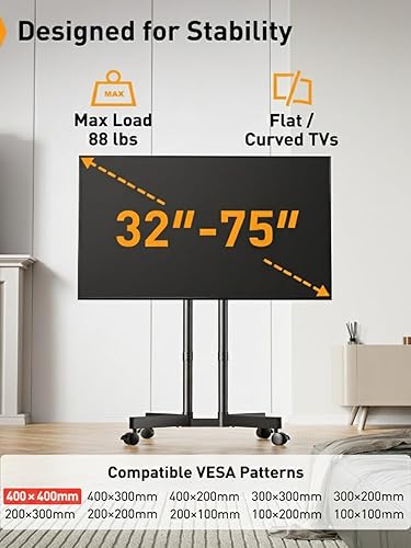 Miniatura 4 de Perlegear PGTVMC14 - Soporte de TV móvil con ruedas para televisores de 32 a 75 pulgadas, carrito de TV móvil de altura ajustable con inclinación de