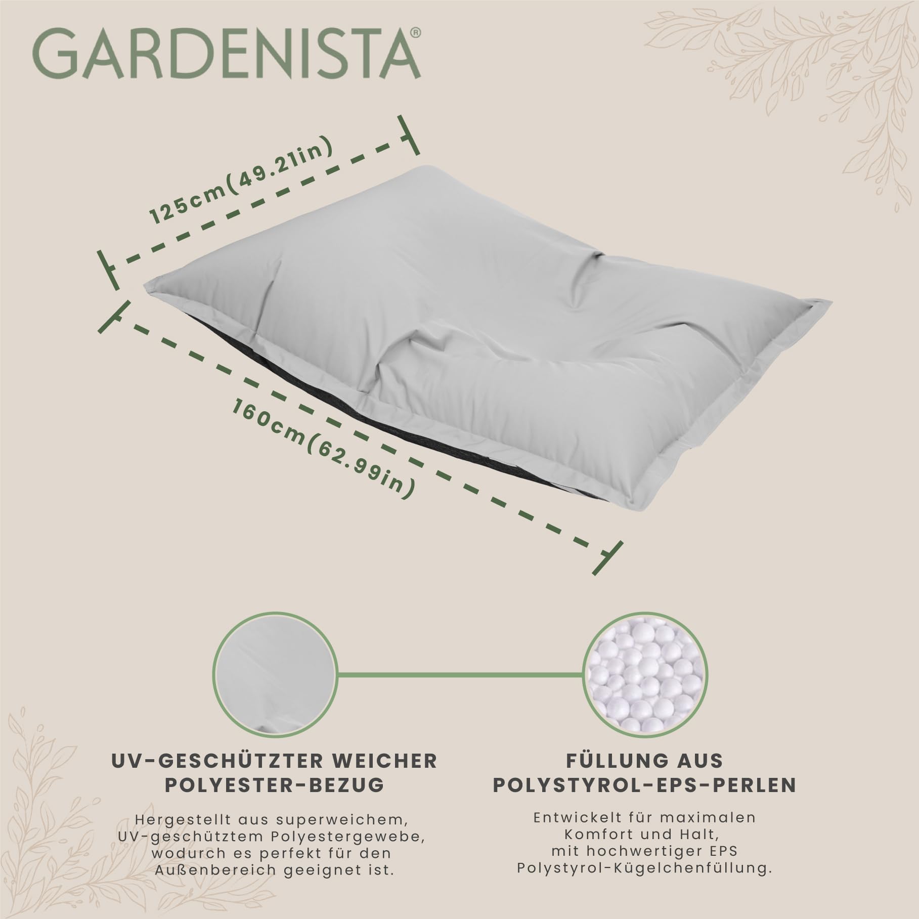 Gardenista Riesen-Sitzsack XXL 125×160 cm Wasserfestes Indoor & Outdoor Liegekissen 380L EPS Perlen Füllung Bean Bag mit waschbarem Bezug Sessel für Kinder & Erwachsene Sitzkissen Sofa Beanbag (Grau)