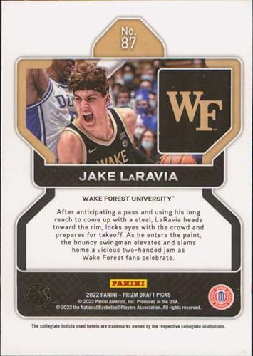 Miniatura 2 de 2022-23 Panini Prizm Draft Picks #87 Jake LaRavia Wake Forest Demon Deacons RC Rookie Basketball Trading Card