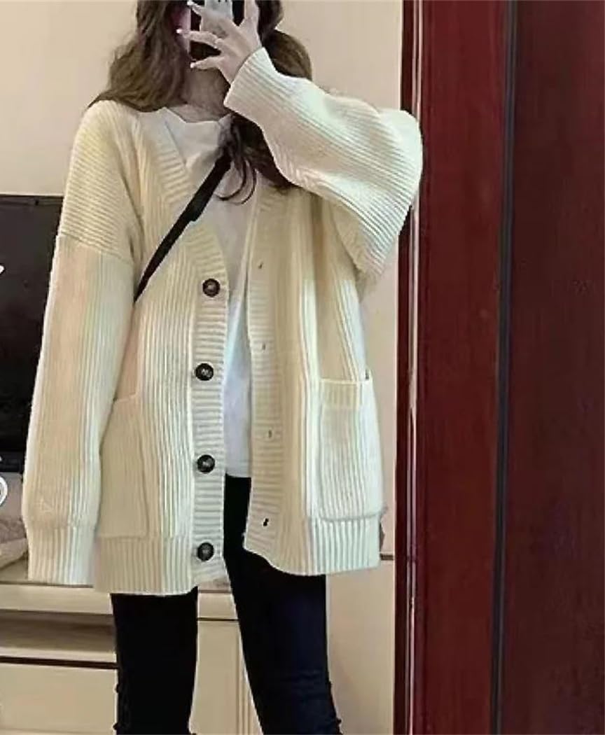 Cárdigan de Manga Larga de Invierno para Mujer, Chaqueta Holgada de Punto con Cuello en V, Informal, con Botones Delanteros, Abrigo cálido (Caqui, Talla única)
