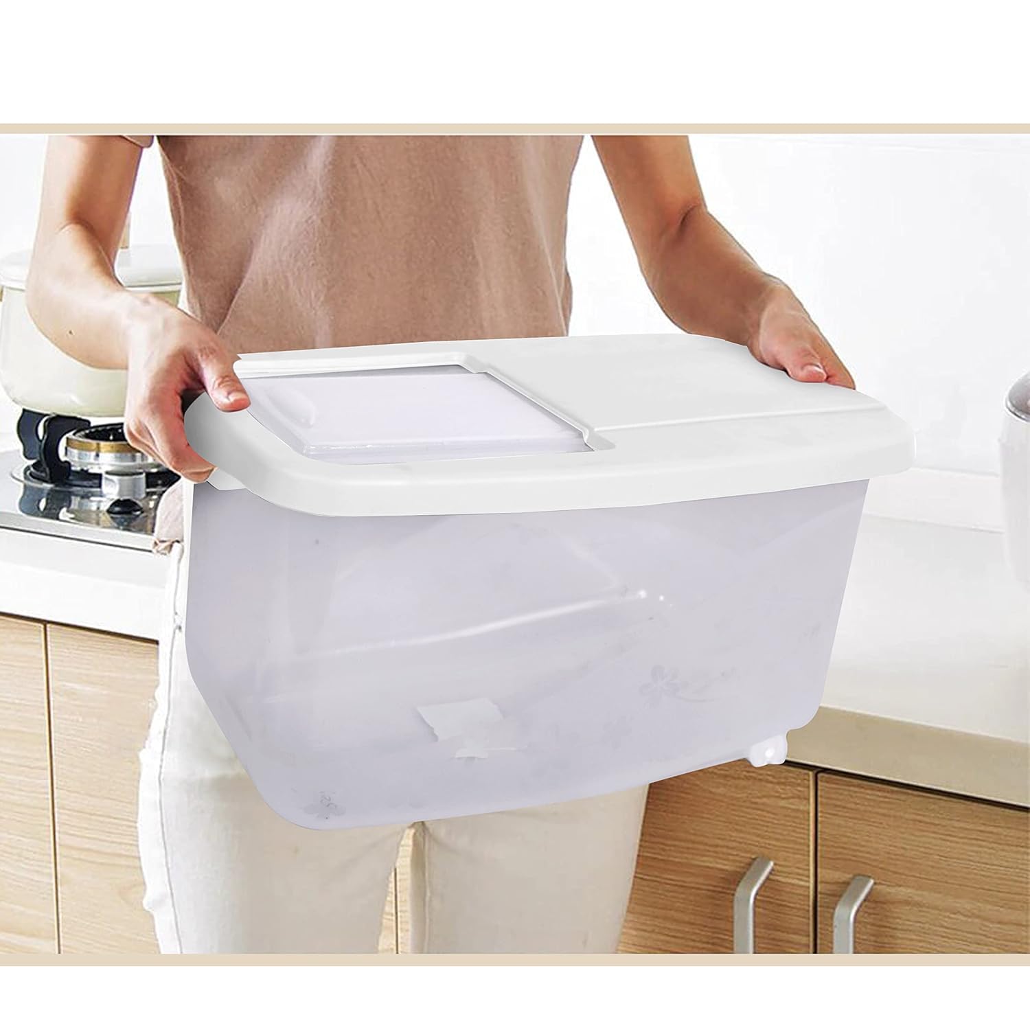 Vruta Rice Container With Wheel, 15kg Kitchen Food Storage Container With Measuring cup And Lid for Storing Rice, Flour, Dry Fruit and More (15Kg, ABS plastic)-image-42