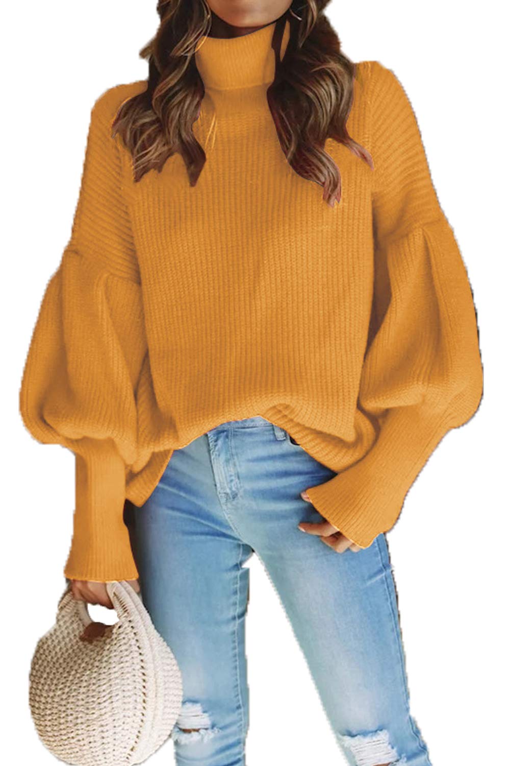 Womens Knit Pullover Sweater Winter Casual Turtleneck Puff Sleeve Top