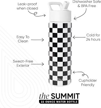 Simple Modern Water Bottle with Straw Lid | Vacuum Insulated Stainless Steel Metal | Reusable Leak Proof BPA-Free Cup for School | Summit Collection | 22oz, Black and White Checkmate