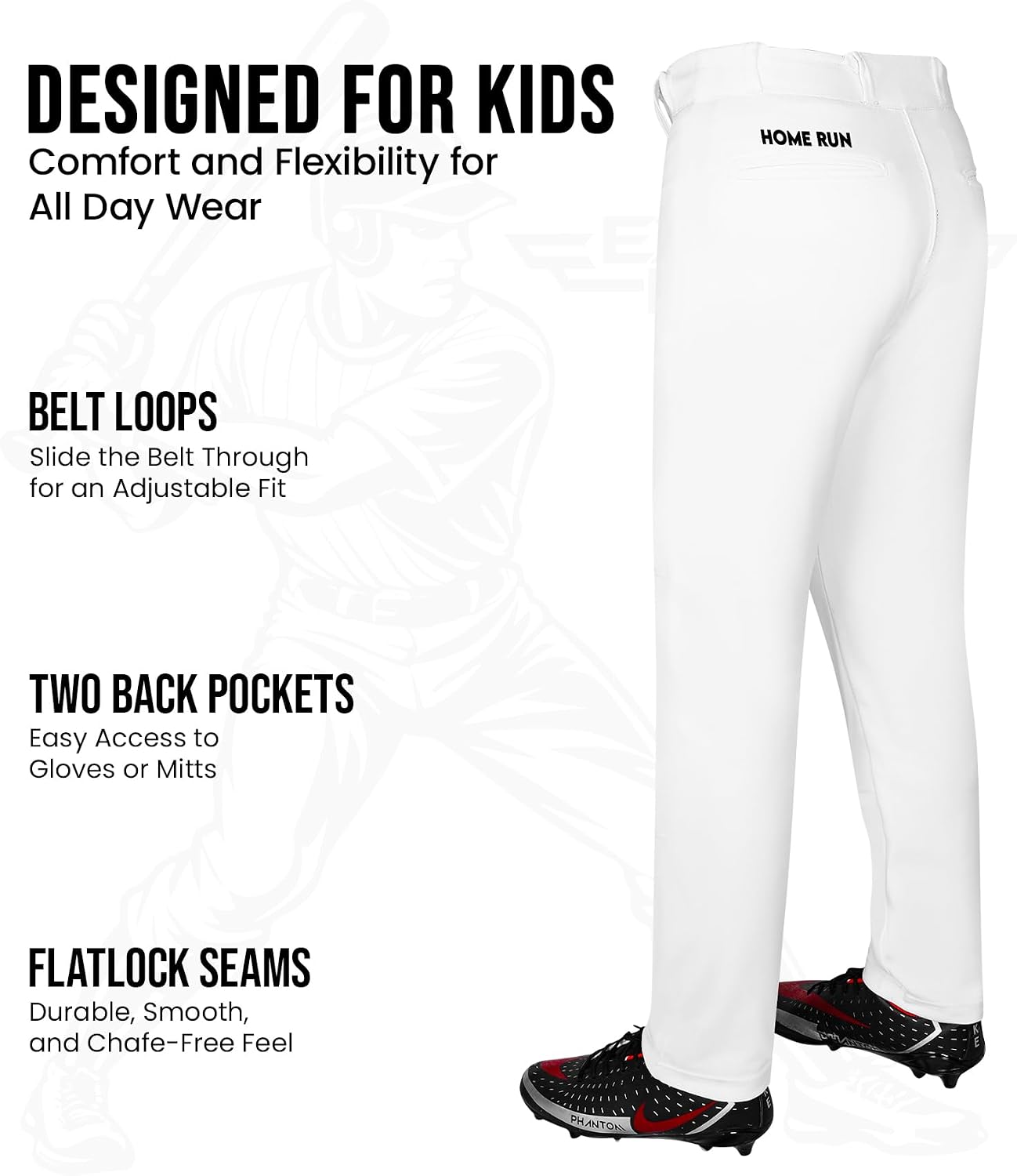 Exxact Sports Home Run Boys Baseball Pants - Full-Length, Semi-Relaxed Fit, Open-Bottom Youth Baseball Pants