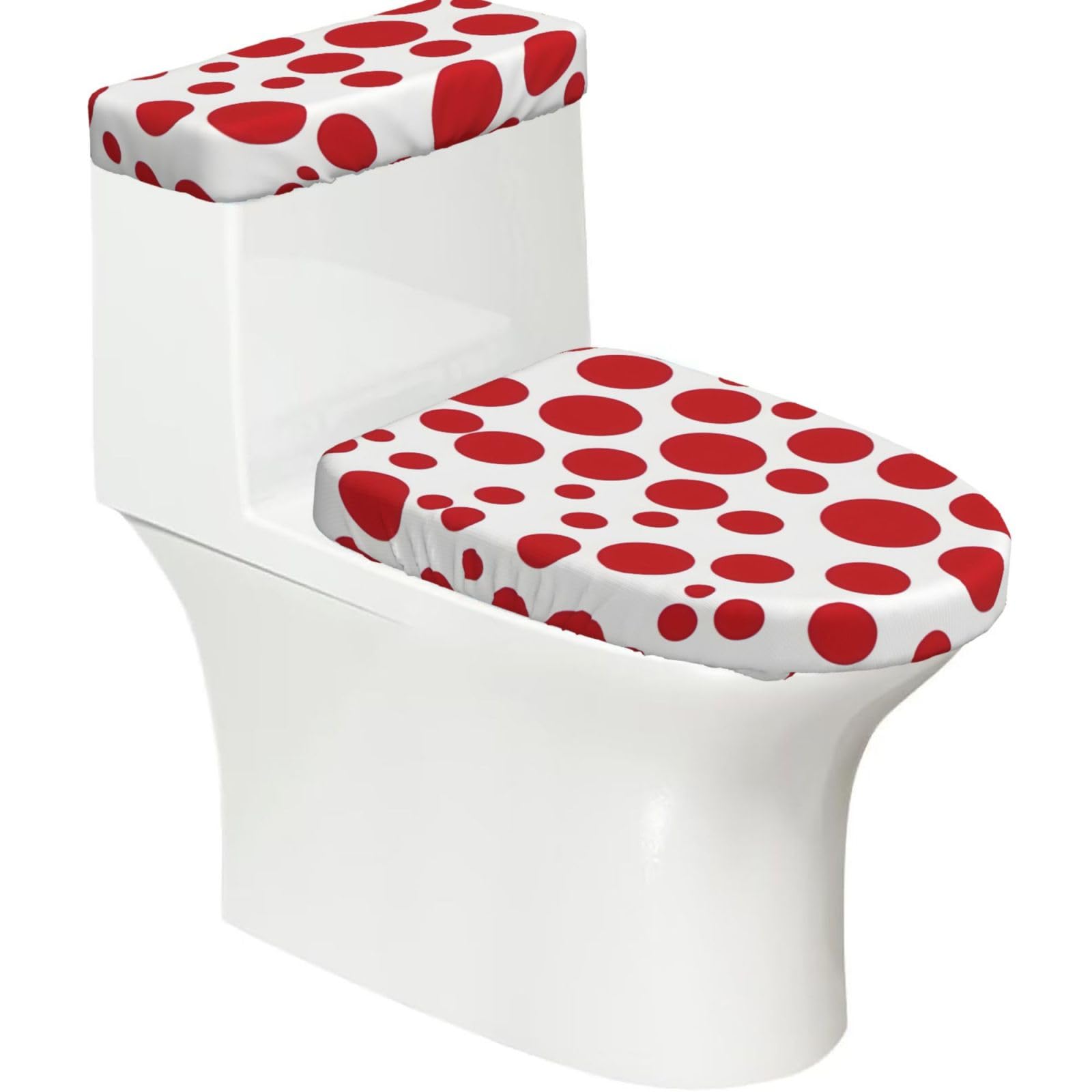 Red & White Polka Dots Print Stretch Toilet Covers Set, Polyester Covers Replacement For Fits Most Size Lids Bathroom Decor