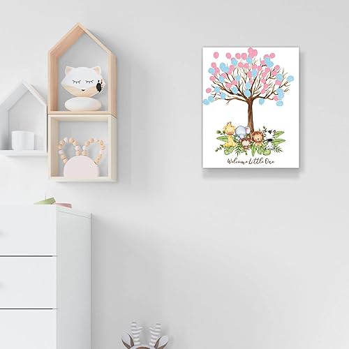 Miniatura 3 de LNOKRIM Libro de invitados para baby shower, lienzo de árbol de huellas dactilares, suministros de revelación de género con temática de safari en la