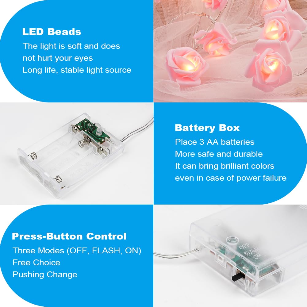 OSDUE Guirnalda de luces LED de Rosas 3m 20 LED Mini Luces de Hadas Impermeable Guirnalda de Flores con Batería 2 Modo de Iluminación Luces Navidad Light de Hadas para Fiesta Habitación Jardín(Blanco)