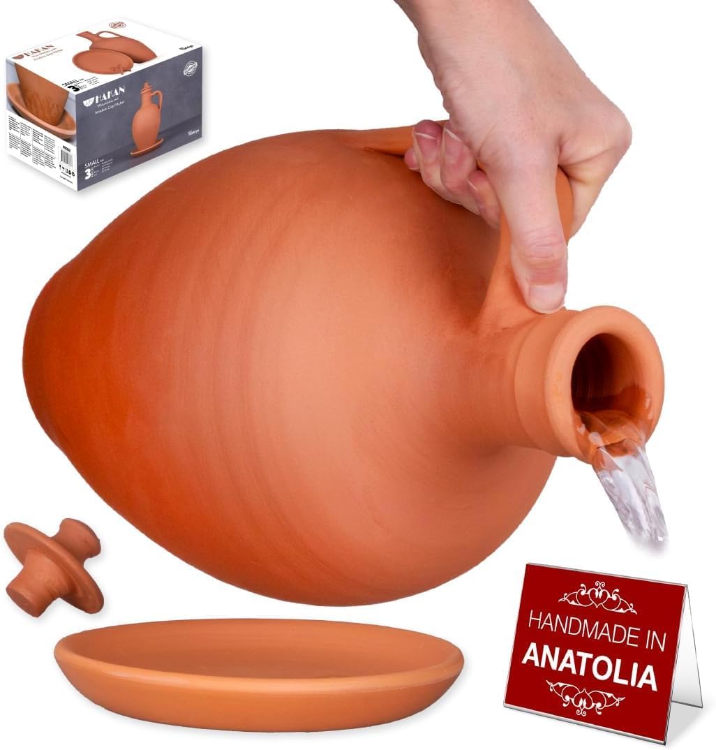 Hakan Anadolu Natural Clay Water Pitcher Set | Unglazed Terracotta Water Carafe & Plate | Traditional Small Mud Jug | Pottery Jar for Drinking Water (Large - 106 oz) Large 106 oz