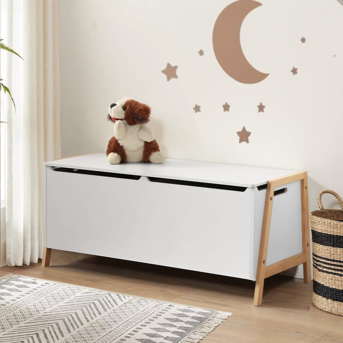 Calicosy – Coffre de Rangement Enfant avec 2 Compartiments et Couvercle Amorti – L99 cm – Pieds en Bois Massif – Coffre à Jouets Pratique et Sécurisé