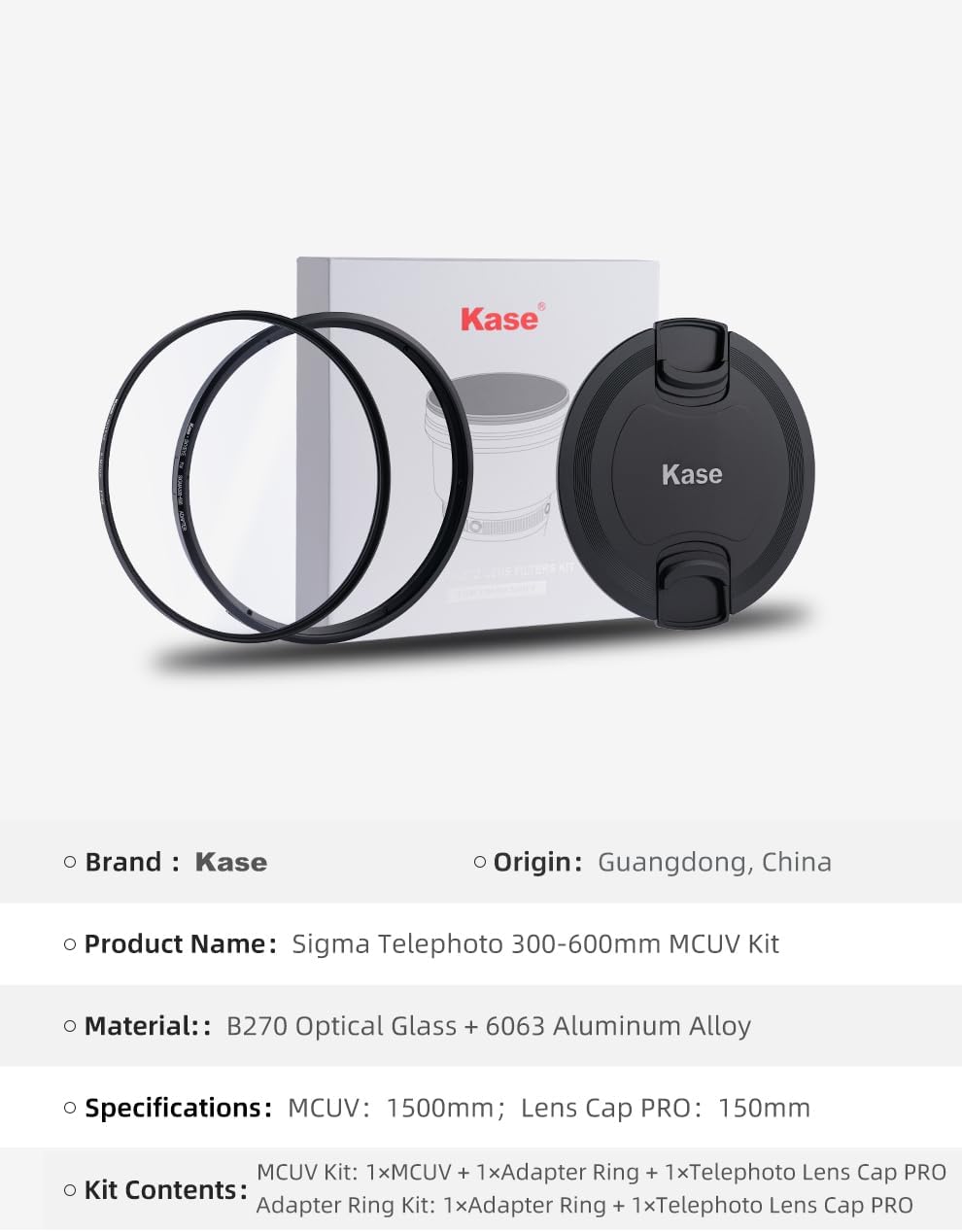 Kase UV Filter Kit Includes 150mm Front Adapter,150mm MCUV & Metal Lens Cap Compatible with Sigma 300-600mm Sports F4 DG OS Lens