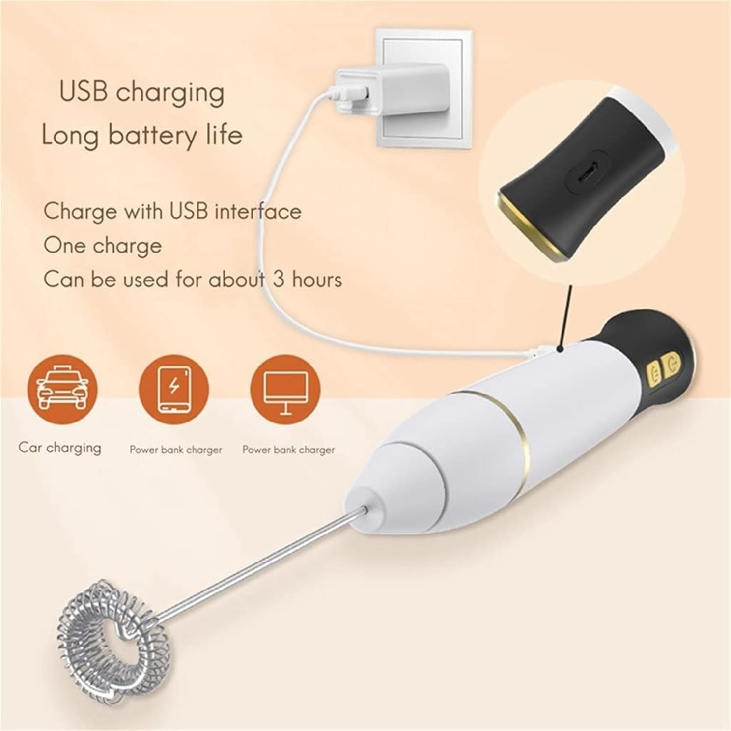 Espumador De Leche para Espresso Batidora Eléctrica Batidora De Mano Espumador De Leche De Mano USB Cocina Mezclador De Acero Inoxidable Espumador Batidora(Black)