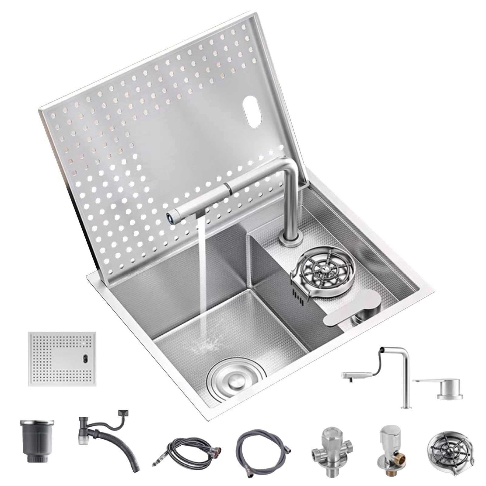 Lavello Compatto a Scomparsa in Acciaio Inox per Camper, Bar, Cucina, Esterno, lavabo per Verdure con Coperchio e Rubinetto a Sollevamento, Perfetto per Balcone e monolocale (45 x