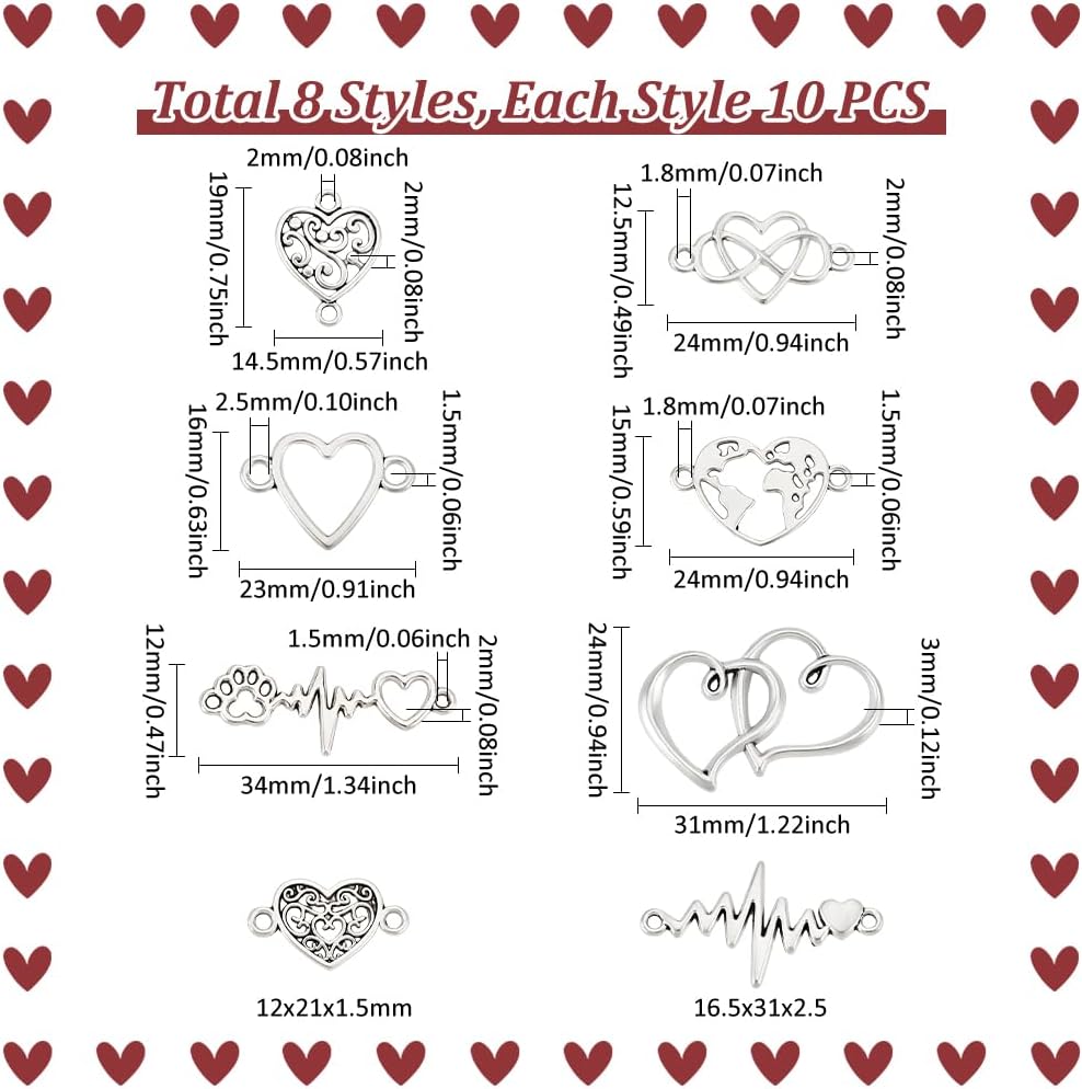UNICRAFTALE 80Pcs 8 Styles Heart Connector Charms Tibetan Style Charms Heart Links Hollow Heart Charms Love Jewelry Connectors for DIY Earrings Necklaces Bracelets Making for Valentine's Day - Image 3