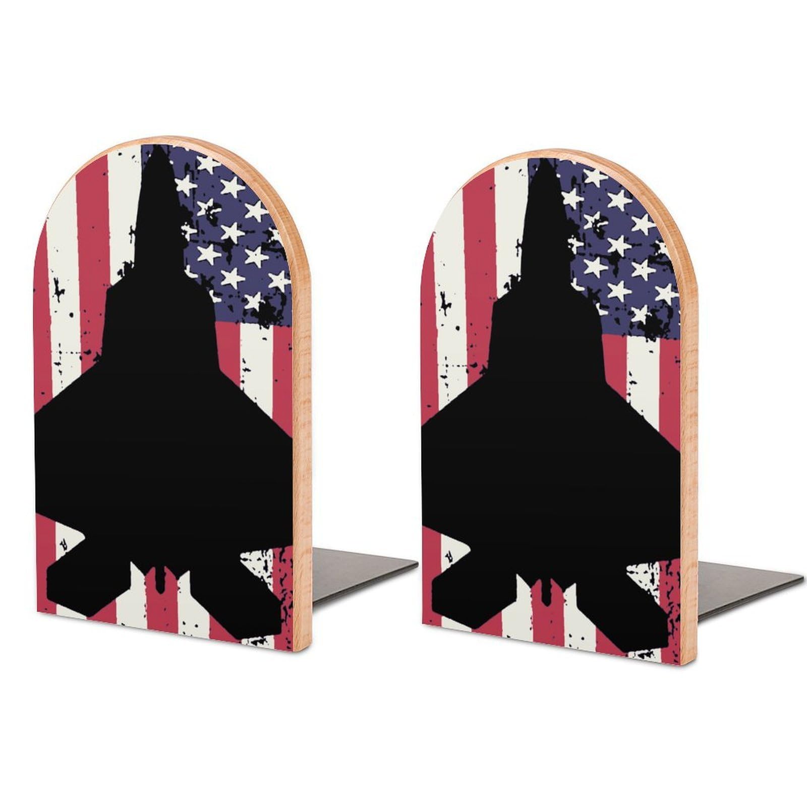 Patriotic F-22 Raptor Fighter Jet Americans-flag Book Ends Wood Non-Slip Books Stand Book Holders Book Stopper Organizer for Shelves Home Office