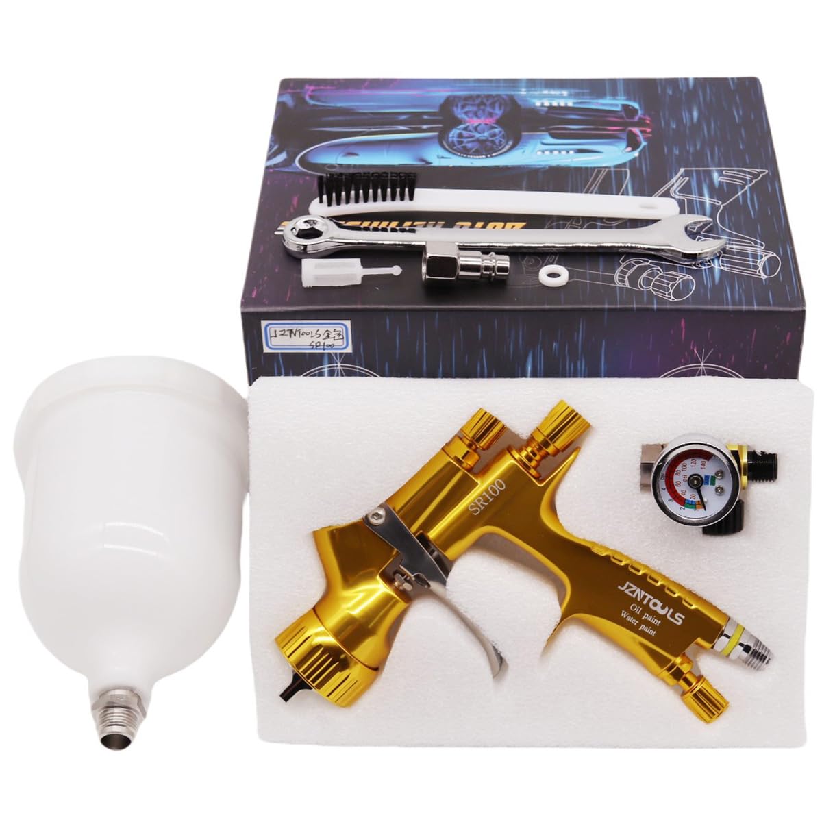 HVLP - Pistola pulverizadora de pintura profesional por gravedad, capacidad de 600 ml, boquilla de acero inoxidable de 1,4 mm, con regulador de presión para pintura a base de agua (boquilla