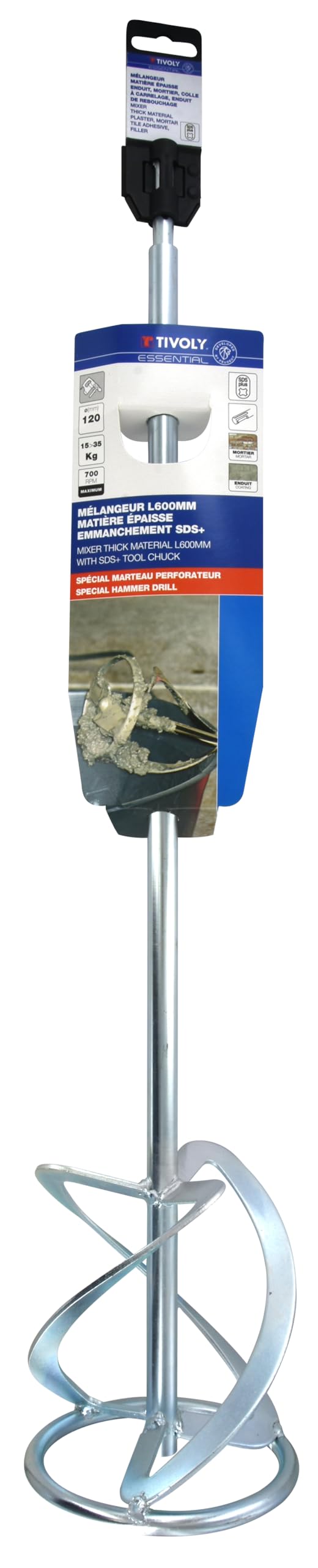 TIVOLY - Mélangeur Matières Épaisses SDS+ pour Perforateur - L600mm - Ø120mm - Tige Acier Carbone - Robuste et Efficace