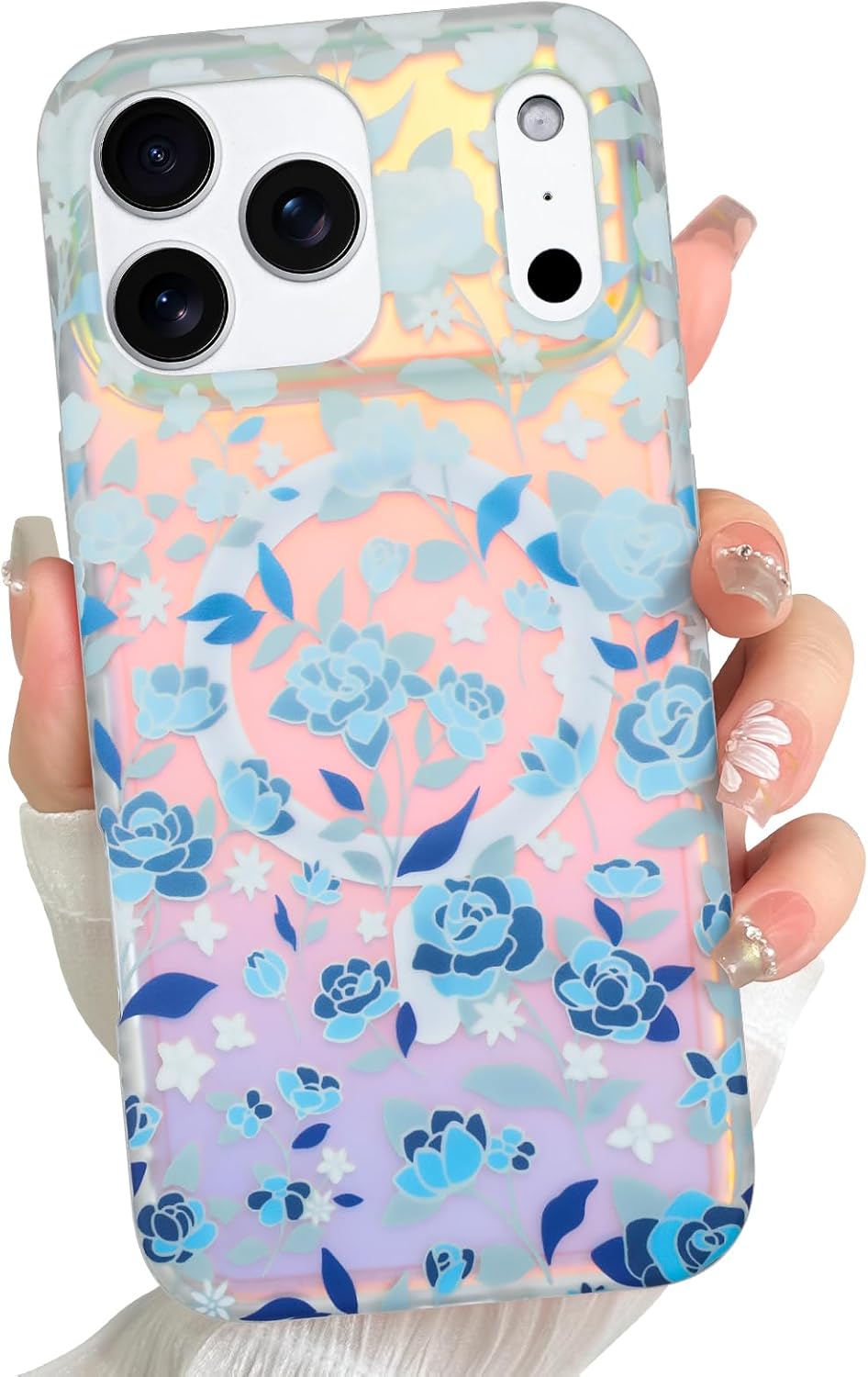 Designed for iPhone 16 Pro Max Case [Compatible with MagSafe] Iridescent Fluorescent Phone Case with Pink Purple Floral Patterns for Women and Girls