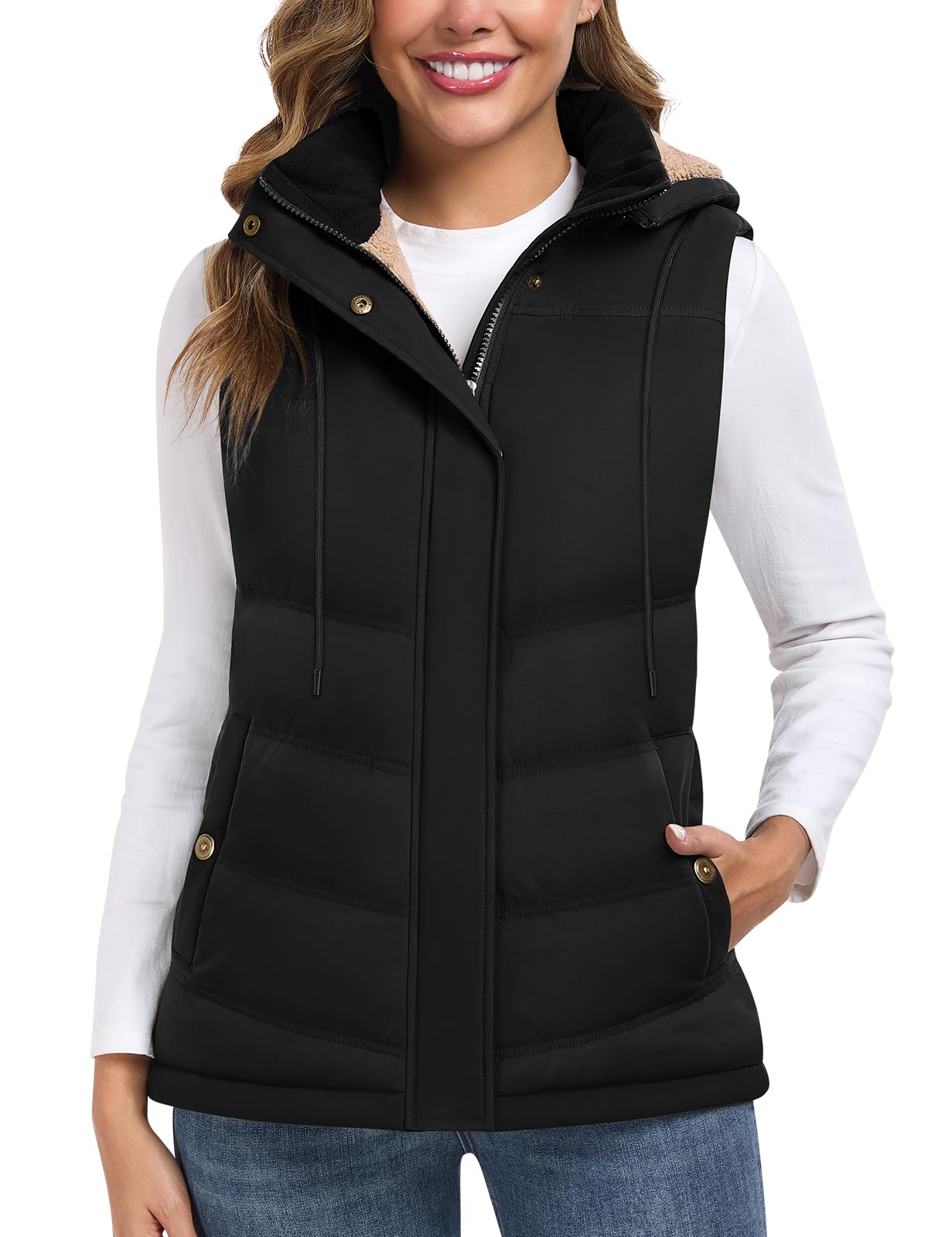 Tuopuda Chaleco Mujer Polar Chaleco Acolchado Invierno Termico Chaquetas sin Mangas con Capucha Desmontable Chalecos Exteriores con Bolsillos Outwear con Cremallera