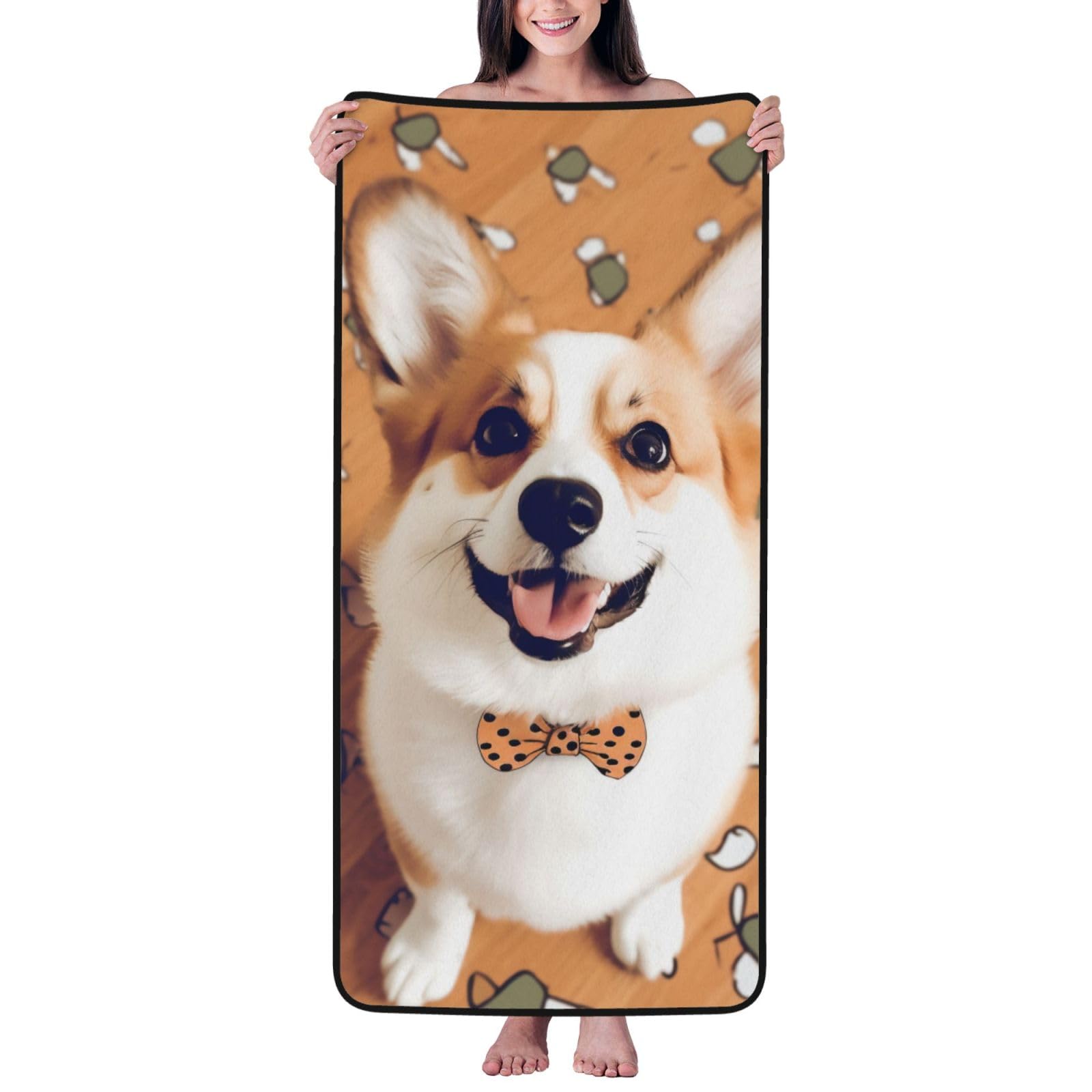 WPKJU Cute Corgi Printed Bath Towel with Black Edging - 27x55 in Soft Extra Absorbent Coral Velvet Shower Towels for Bathroom