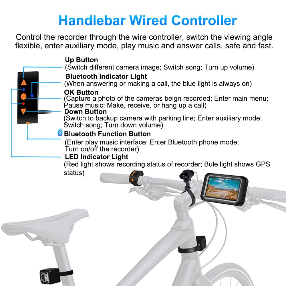 VSYSTO Fahrrad Rückfahrkamera, Lenker Fahrrad Spiegel 4'' Bildschirm WiFi HD 1080P Front und Heck und Selfie Kamera DVR mit Reifendrucksensoren GPS Telefon Assistant Mode Temperatursensor(Schwarz-F3K)