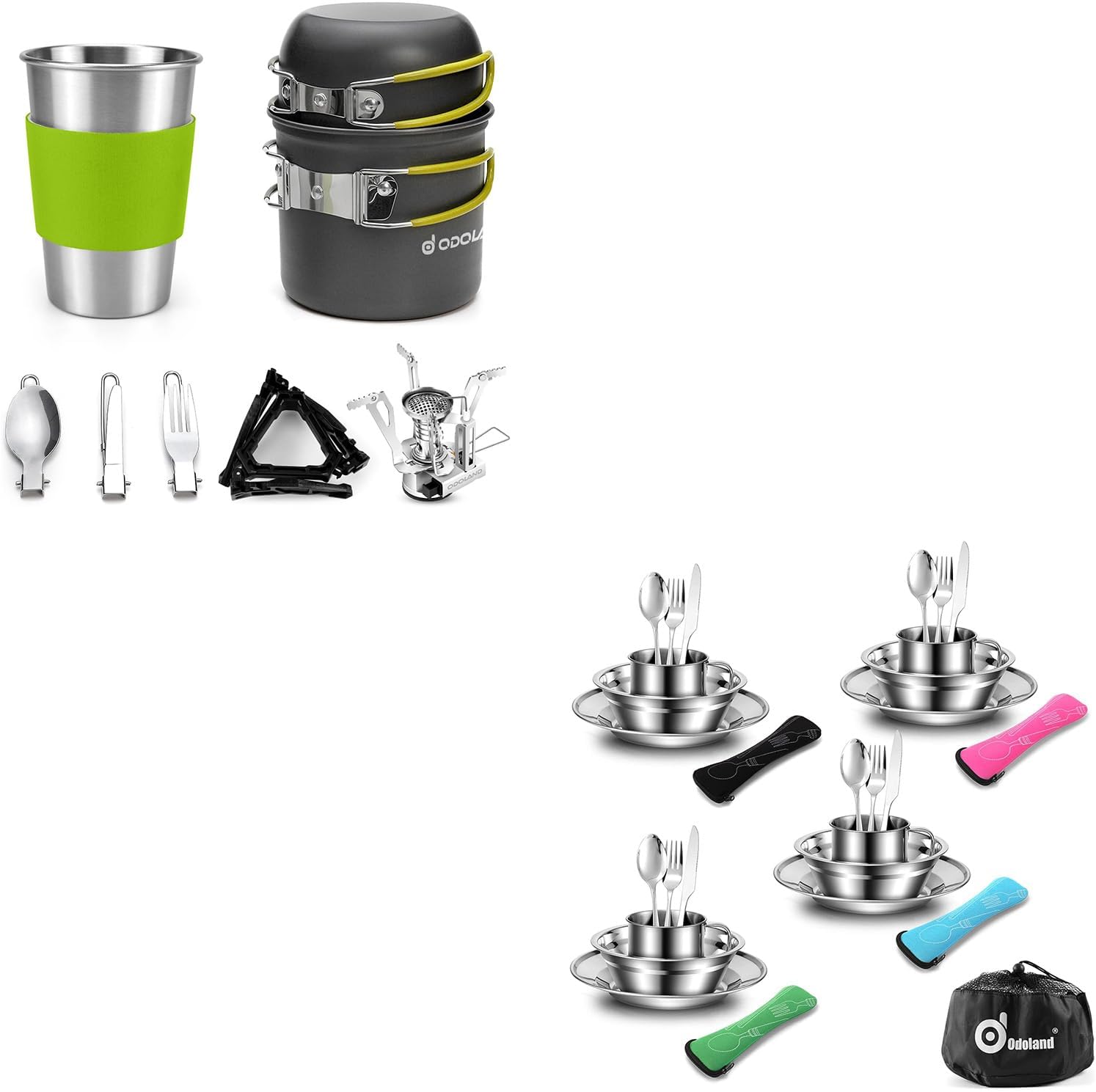 Odoland Bundle – 2 Items Camping Cookware Stove Carabiner Canister Stand Tripod and 29pcs Stainless Steel Utensils Camping Tableware Kit