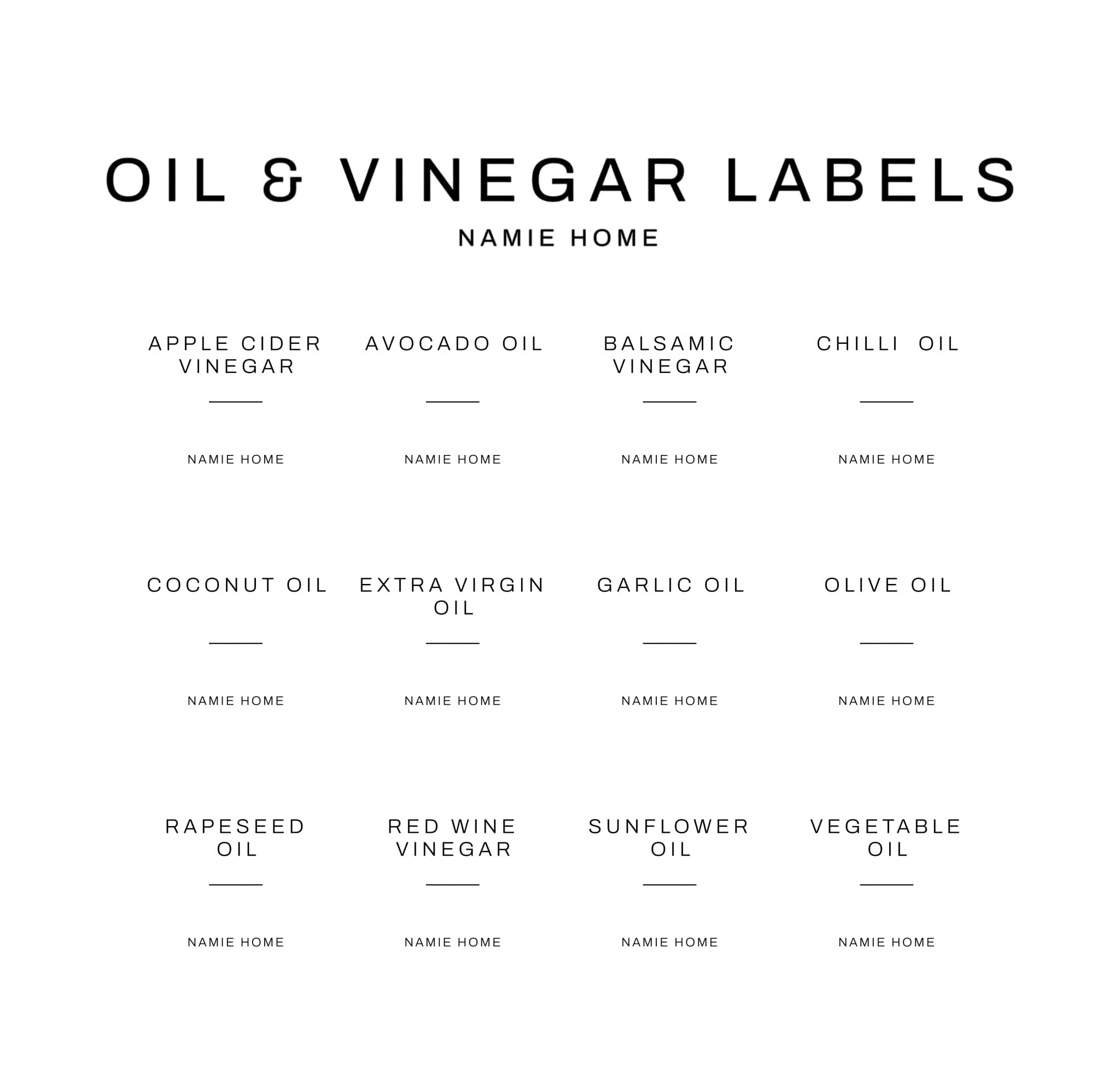 NAMIE White Self-Apply Oil & Vinegar Bottle Labels - Waterproof Kitchen Labels for Olive Oil, Vinegar, Dressings & Cooking Oils
