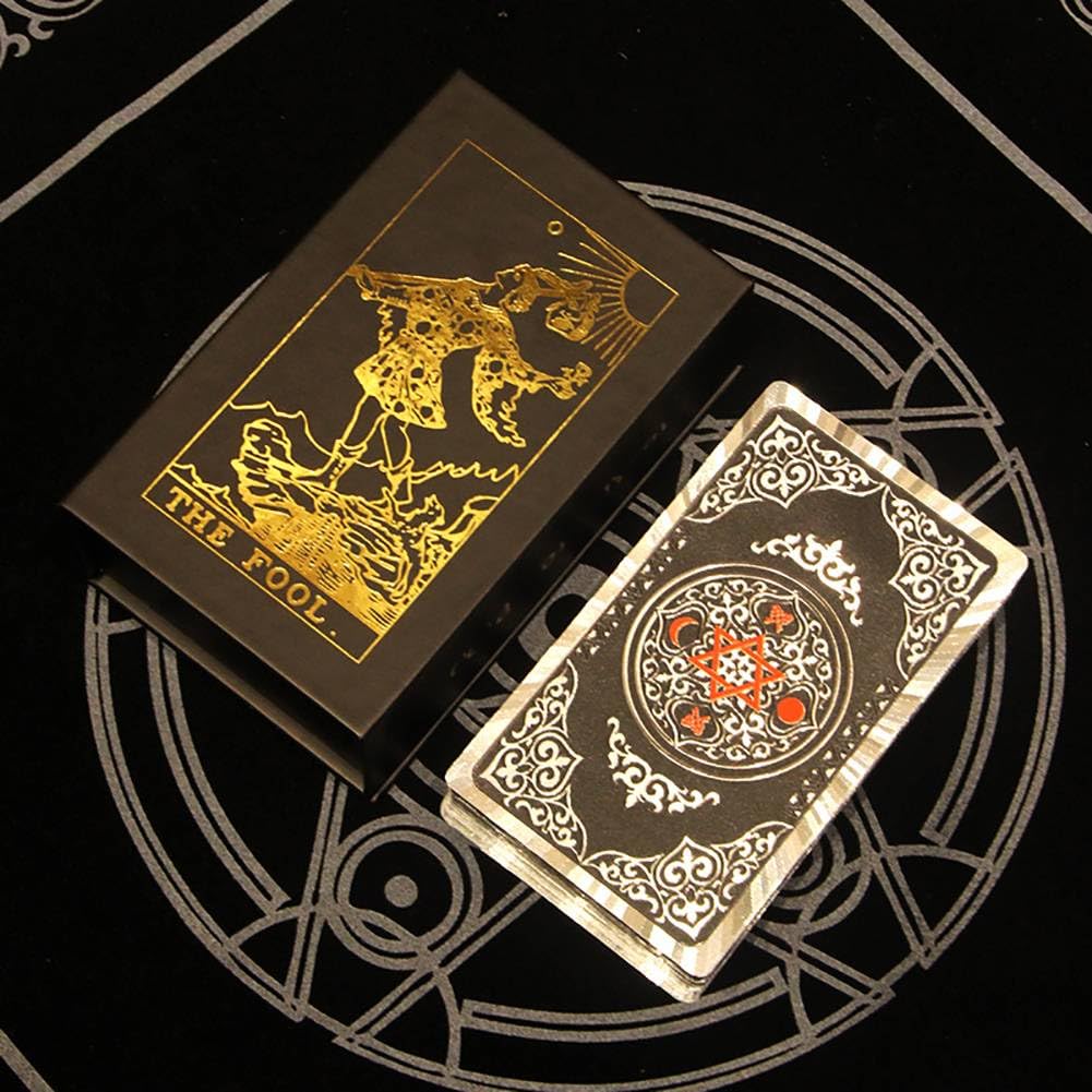 Générique Gold Foil Tarot, Version Anglaise des Outils de Divination, Cartes de Jeu de société de Divertissement Familial, charmants Decks Premium Gold Foil Tarot, Hexagonal Silver,12 * 7cm