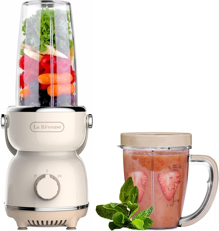 La Reveuse Personal Smoothie Blender, Retro Style, 300W, Apricot, LARB2203 | Making Shakes Smoothies Seasonings Sauces, with BPA-free (1) 17oz Cup, (1) 10oz Mug, Dishwasher Safe, ON/OFF Pulse Switch