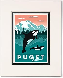 Lantern Press 8x10 Inch Matted Art Print Wall Decor, Puget Sound, Orca Whale and Calf, Go Freestyle