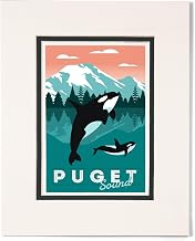 Lantern Press 8x10 Inch Matted Art Print Wall Decor, Puget Sound, Orca Whale and Calf, Go Freestyle