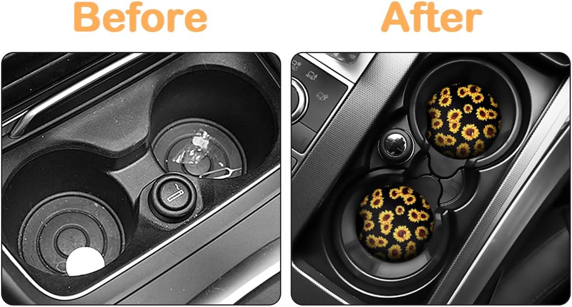 Osilly Car Coasters for Drinks, 2PCS Absorbent Sunflower Cup Holders for Women/Men, 2.75 Inch Removable Cup Holder Insert Coaster for Drinks, Car Interior Accessories for Most Cars