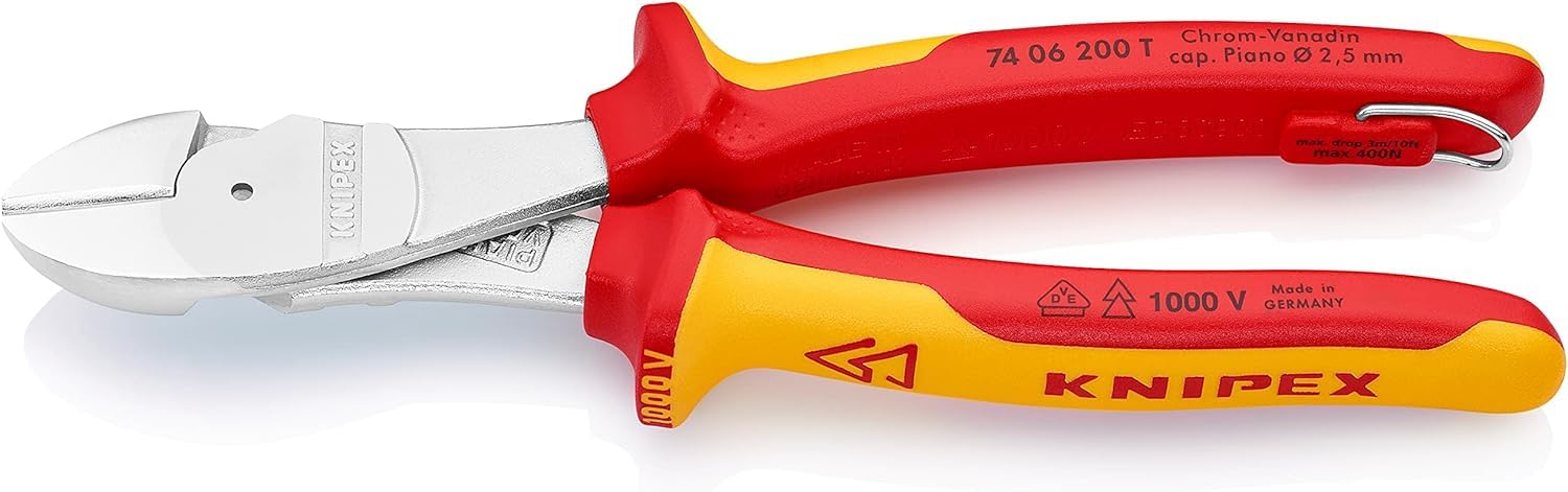 Knipex Multi Color High Leverage Diagonal Cutter In Blister Chrome-Plated Insulated With Multi-Component Grips With Integrated Insulated Tether, 74 06 200 T Bk