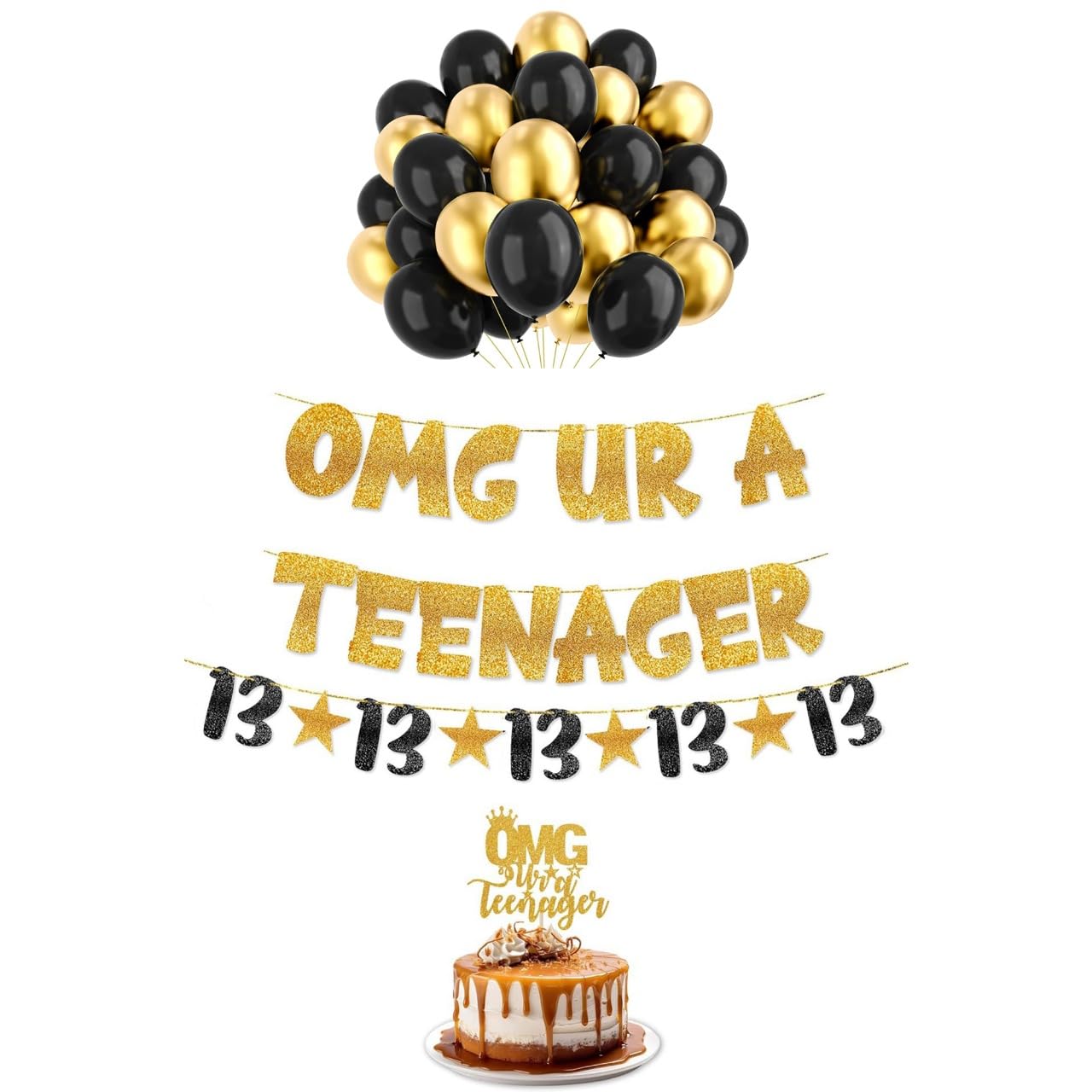 TrifleArte' 13th Birthday Decoration Set | OMG UR A TEENAGER Banner, and Cake Topper, 25 Black & 25 Gold Balloons, 13 Number Garland | Teen Birthday Party Supplies for Boys & Girls (Pack of 50+ Items)-image-12
