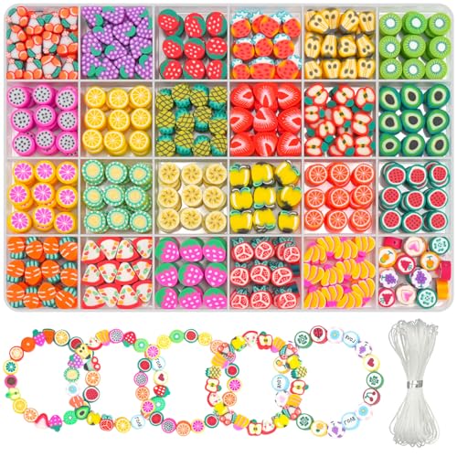 Image of Gionlion Fruit Polymer Clay Beads Bracelet Making Kit, Colorful Clay Beads with Lemon, Strawberry, Avocado, and Watermelon Designs for DIY Jewelry, Bracelet & Necklace Making Crafts