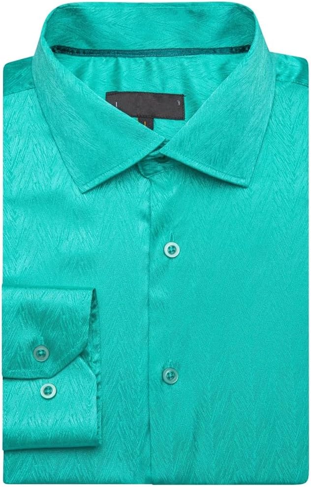 Silk Shirts for Men Satin Green Turquoise Plain Long Sleeve Slim Male Blouse Casual Formal Tops