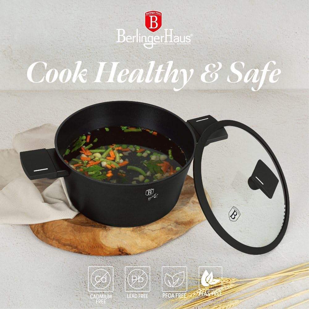 Berlinger Haus, Steelpan met deksel, 24 cm, Black Rose Collection, 3-laags marmeren antiaanbaklaag, ergonomische handgreep, alle soorten kookplaten Berlinger Haus, Steelpan met deksel, 24 cm, Black Rose Collection, 3-laags marmeren antiaanbaklaag, ergonomische handgreep, alle soorten kookplaten