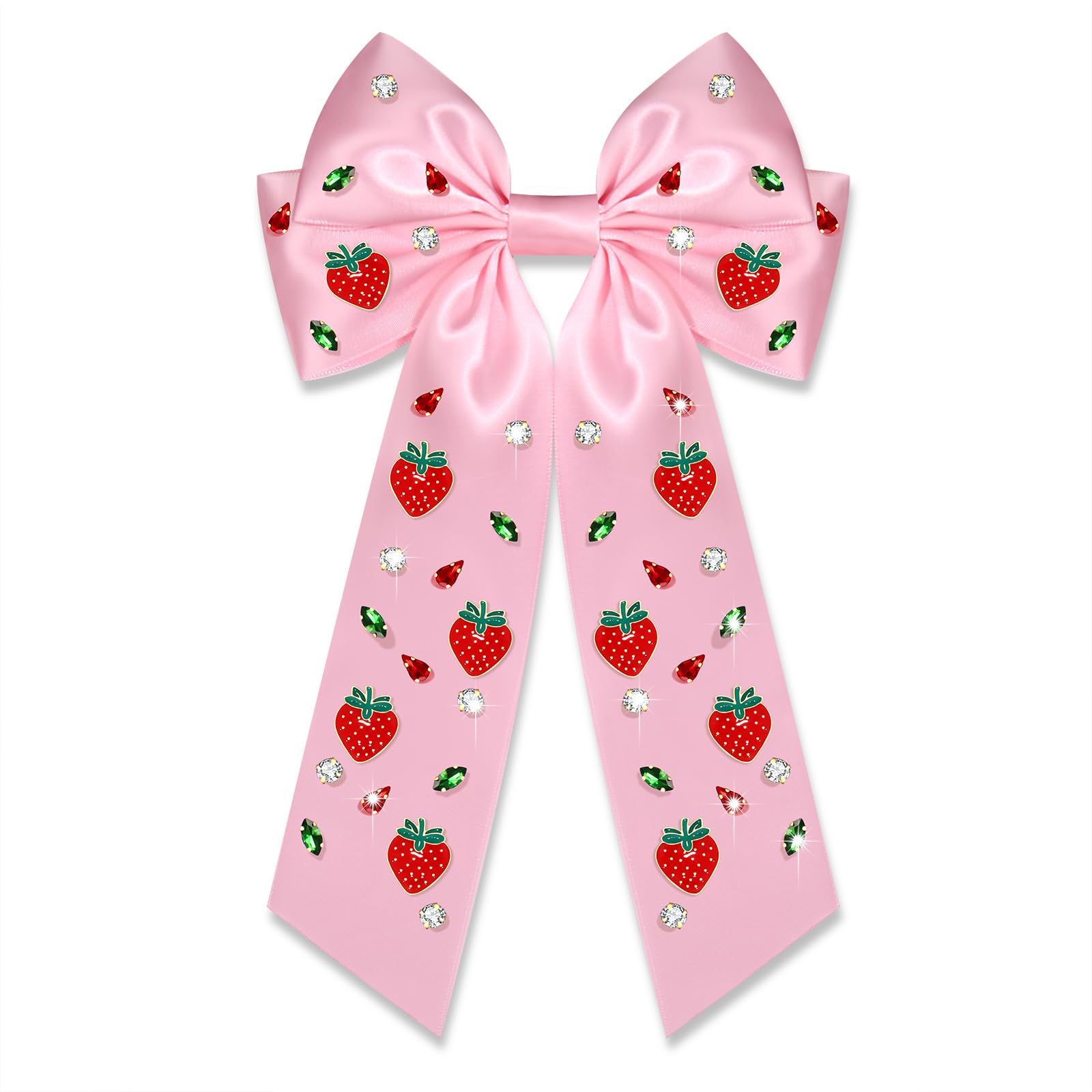 Strawberry Hair Bows for Women Summer Fruit Hair Bow Clips Big White Pink Hair Bows Crystal Jeweled Satin Hair Ribbons Spring Summer Fruit Accessories