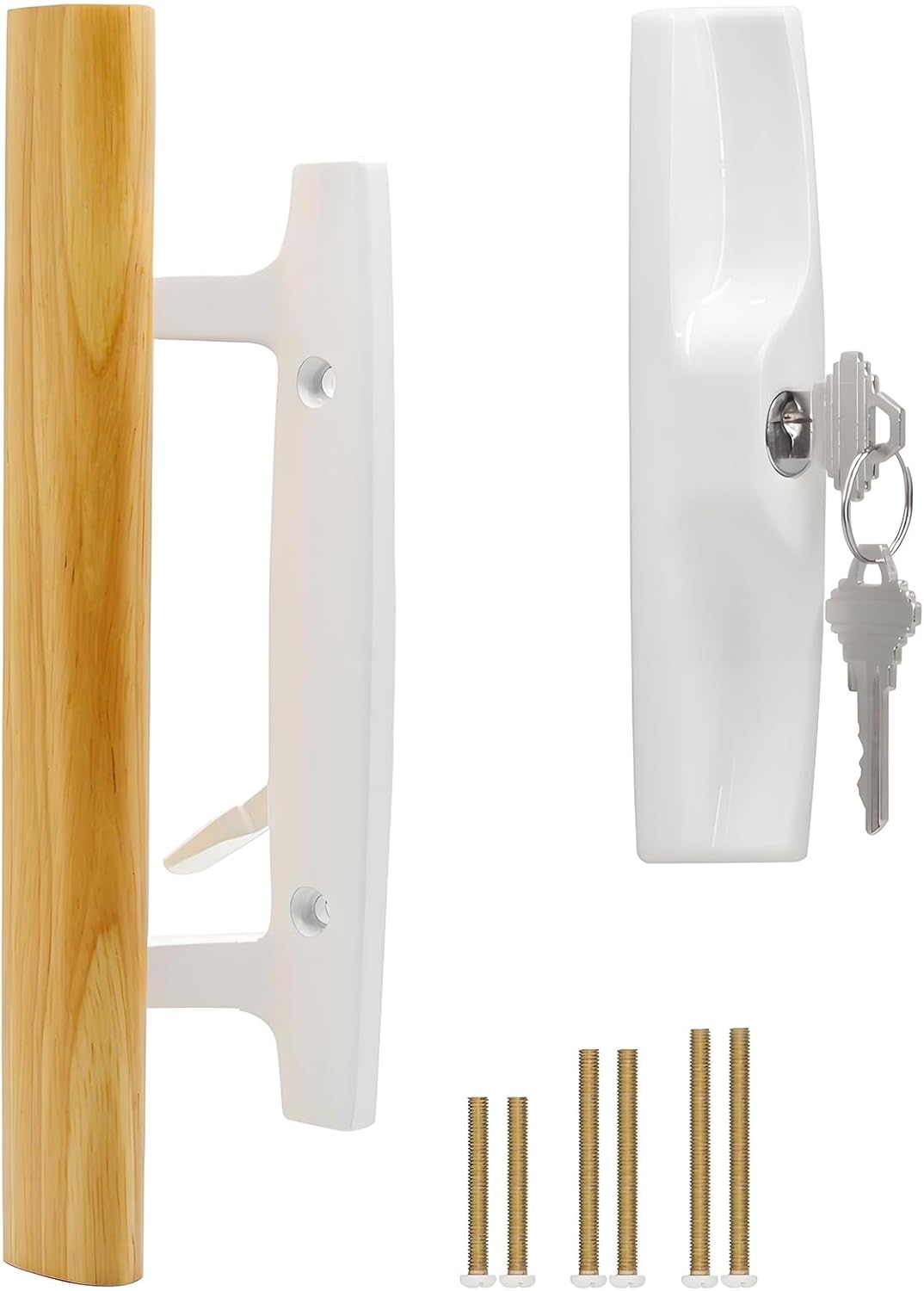 Sliding Glass Patio Door Handle Set with Key Cylinder, Fit for 45° Mortise Latch Lock Not Included, Oak Wood Inside Handles and Zinc Diecast Outside Pull, 3-15/16" Hole Spacing, White