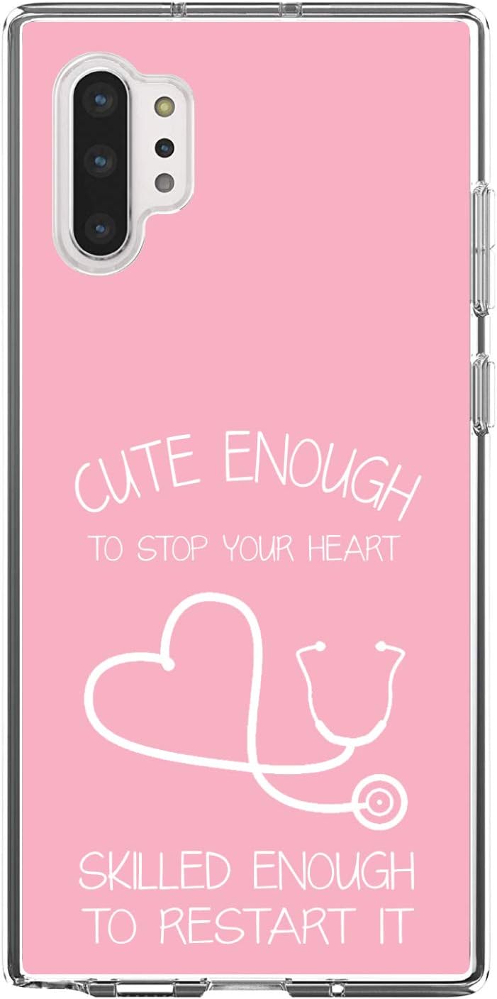 DistinctInk Clear Shockproof Hybrid Case for Galaxy Note 10 PLUS (6.8" Screen) - TPU Bumper, Acrylic Back, Tempered Glass Screen Protector - Pink Nurse Stethoscope Heart - Show Your Support for Nurses