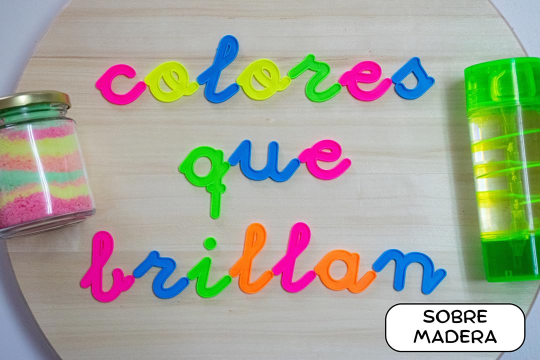 Abecedario Fluorescente en minúsculas enlazadas- 94 Letras - Letras neón Que Brillan con luz Negra - Material para luz Negra