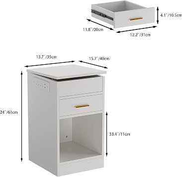Bedside Table with Power Socket 35x40x60 cm Nightstand with RGB light End Table 1 drawers and 1 Big Storage compartments for Bedroom Living Room White