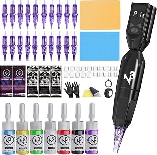 Wireless Tattoo Pen Kit GOLD PLUME Tattoo Gun Kit -Tattoo Kit with 10Pcs Tattoo Needles and 7Pcs Tattoo Inks, Complete Tattoo Machine kit Tattoo Supplies for Beginners