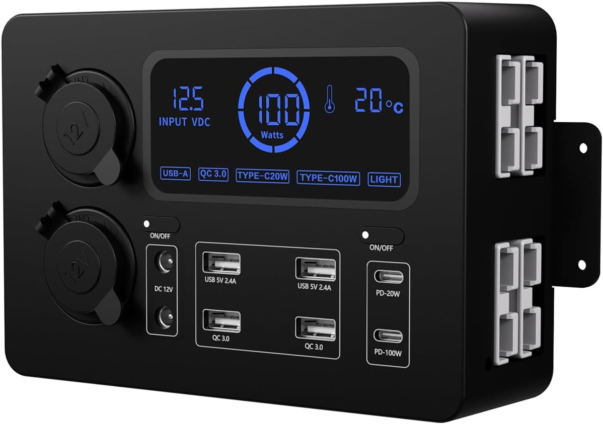 fangzi Mini Power Box,Mini Power Box, 12V 100W LCD Display Power Box with LED Lights, USB-C & QC3.0 Ports, Portable Control Hub for RVs, SUVs, Boats, Yachts, Cars